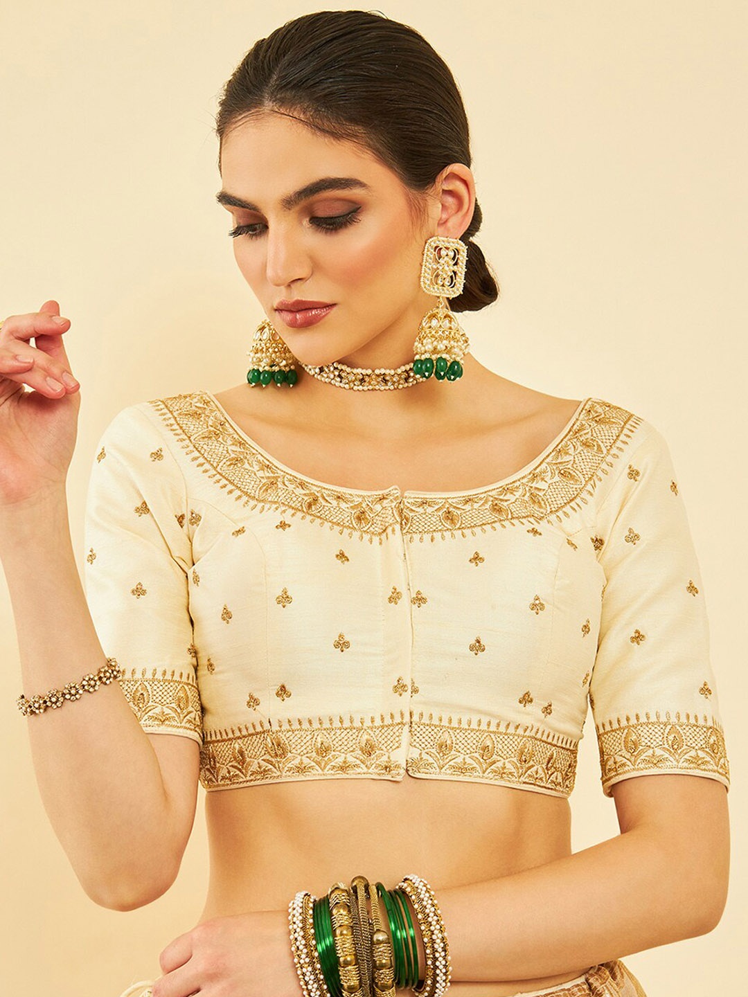 

Soch Zari Embroidered Round Neck Saree Blouse, Cream