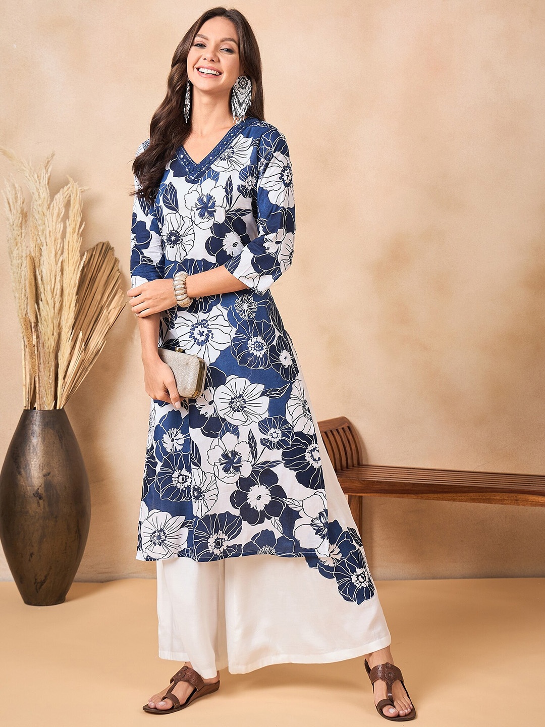 

Anouk Blue Floral Printed Mirror Work Pure Cotton Kurta with Palazzos