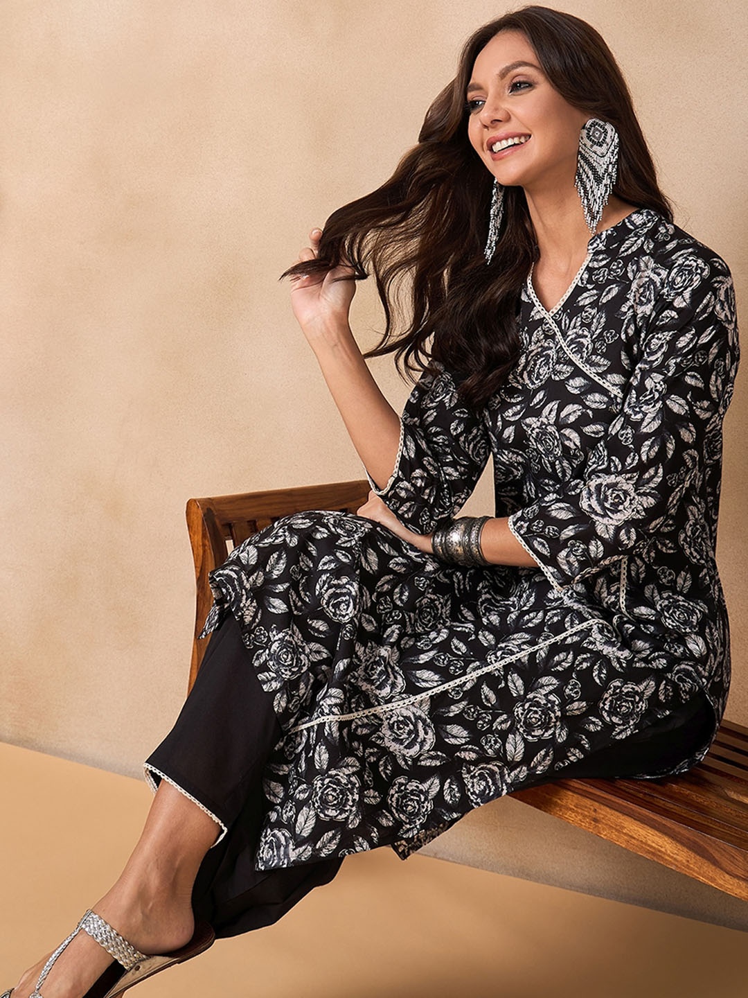 

Anouk Black Floral Printed Pure Cotton Angrakha Kurta with Trousers