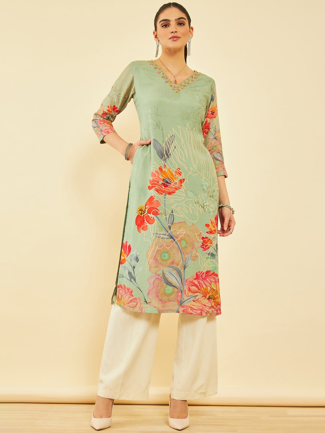 

Soch Floral Embroidered Flared Sleeves Thread Work Anarkali Kurta, Green