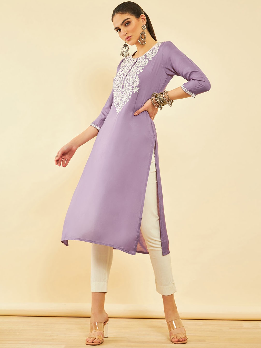 

Soch Yoke Design Flared Sleeves Thread Work Kurta, Purple