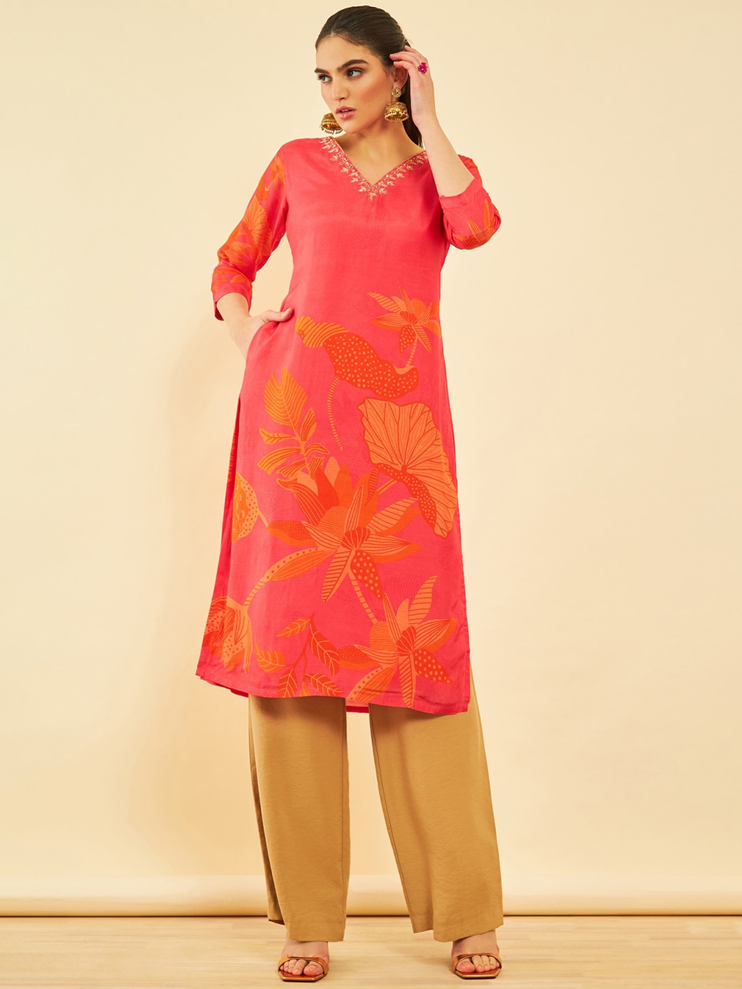 

Soch Abstract Printed Dyed Flared Sleeves Sequinned Kurta, Pink