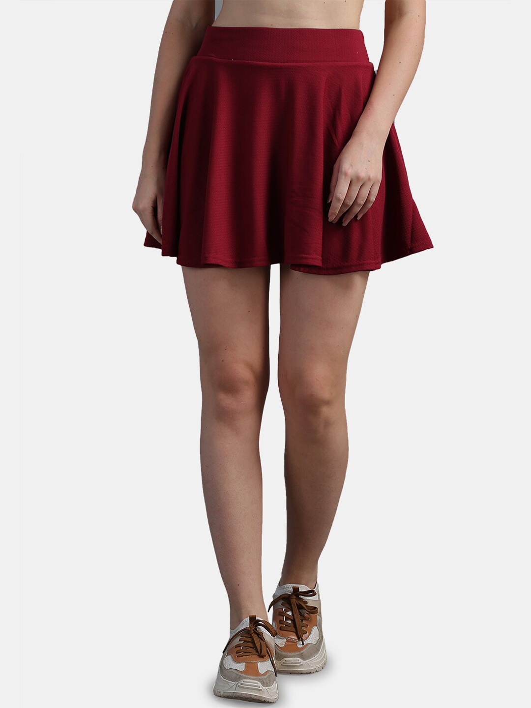 

N-Gal Stretchable Flared Skater Short Mini Skirt, Maroon