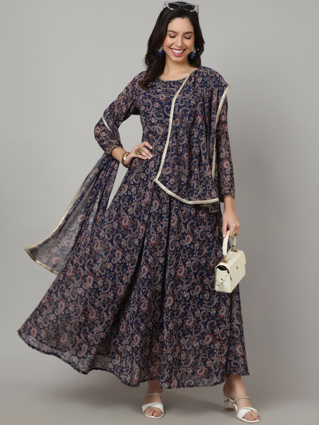 

SAK JAIPUR Floral Printed Georgette Anarkali Kurta With Dupatta, Navy blue