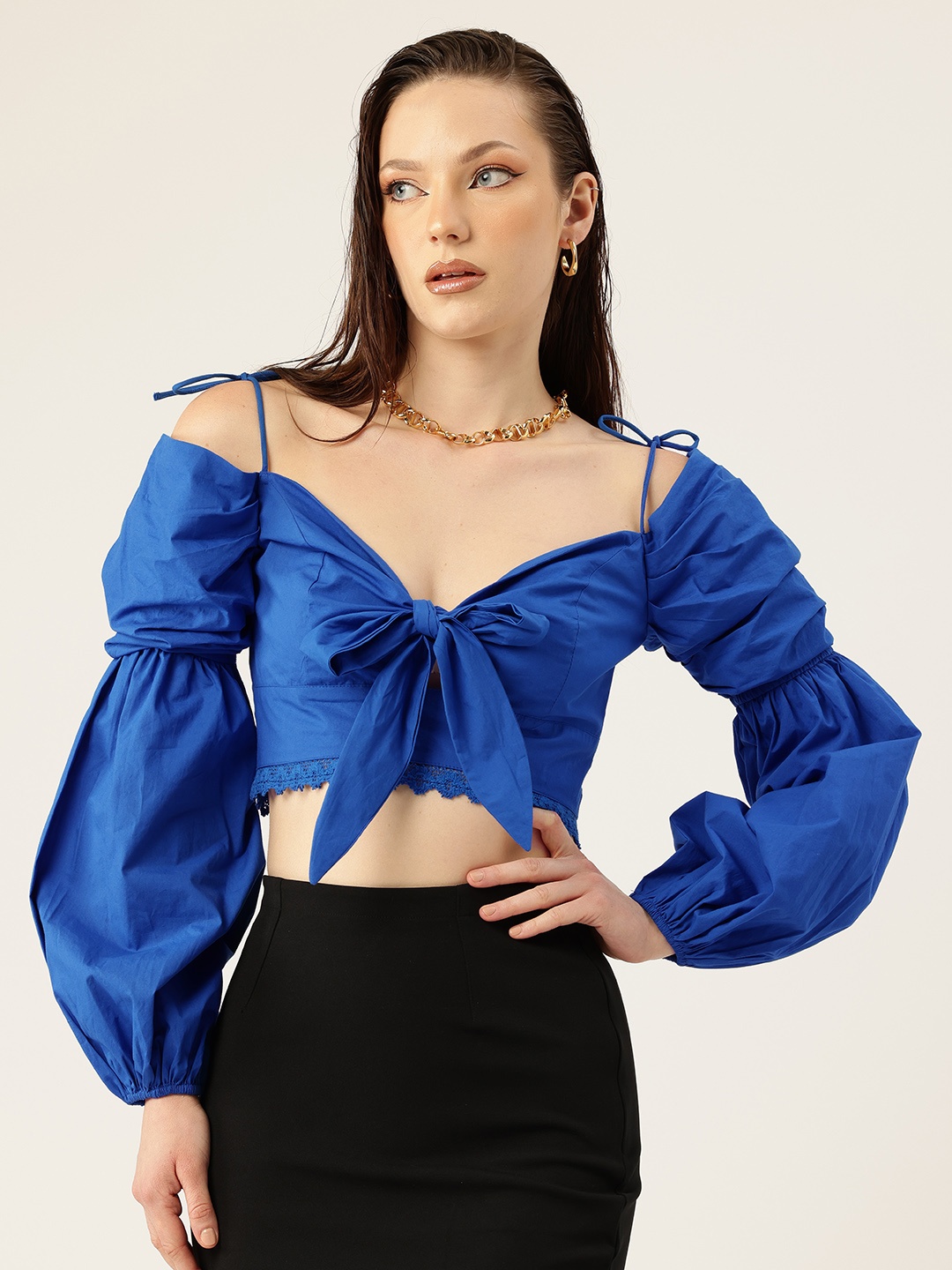 

bebe All Day Puff Sleeves Pure Cotton Tie-Up Lace Inserted Crop Top, Blue