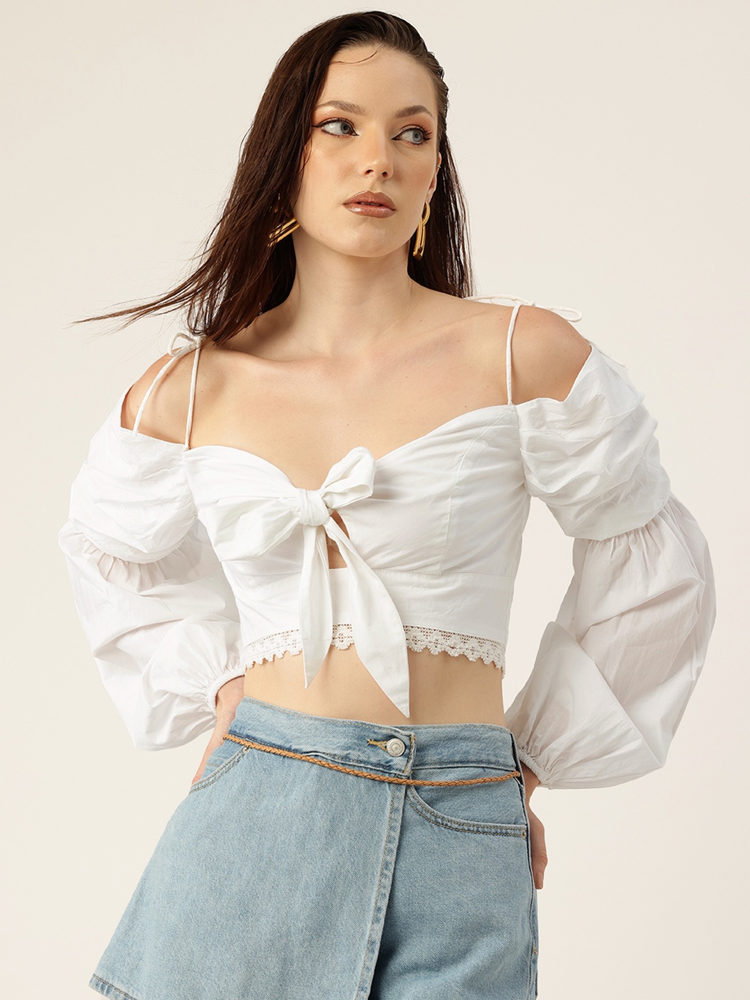 

bebe All Day Puff Sleeves Pure Cotton Tie-Up Lace Inserted Crop Top, White