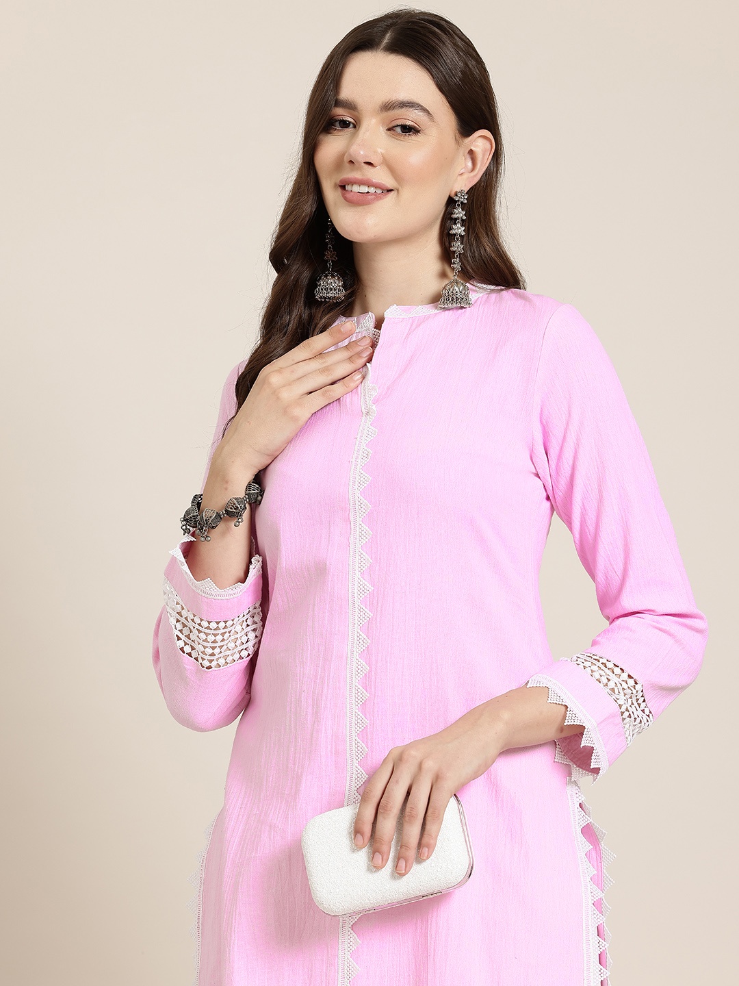 

HERE&NOW Lace Detail Straight Cotton Kurta, Pink