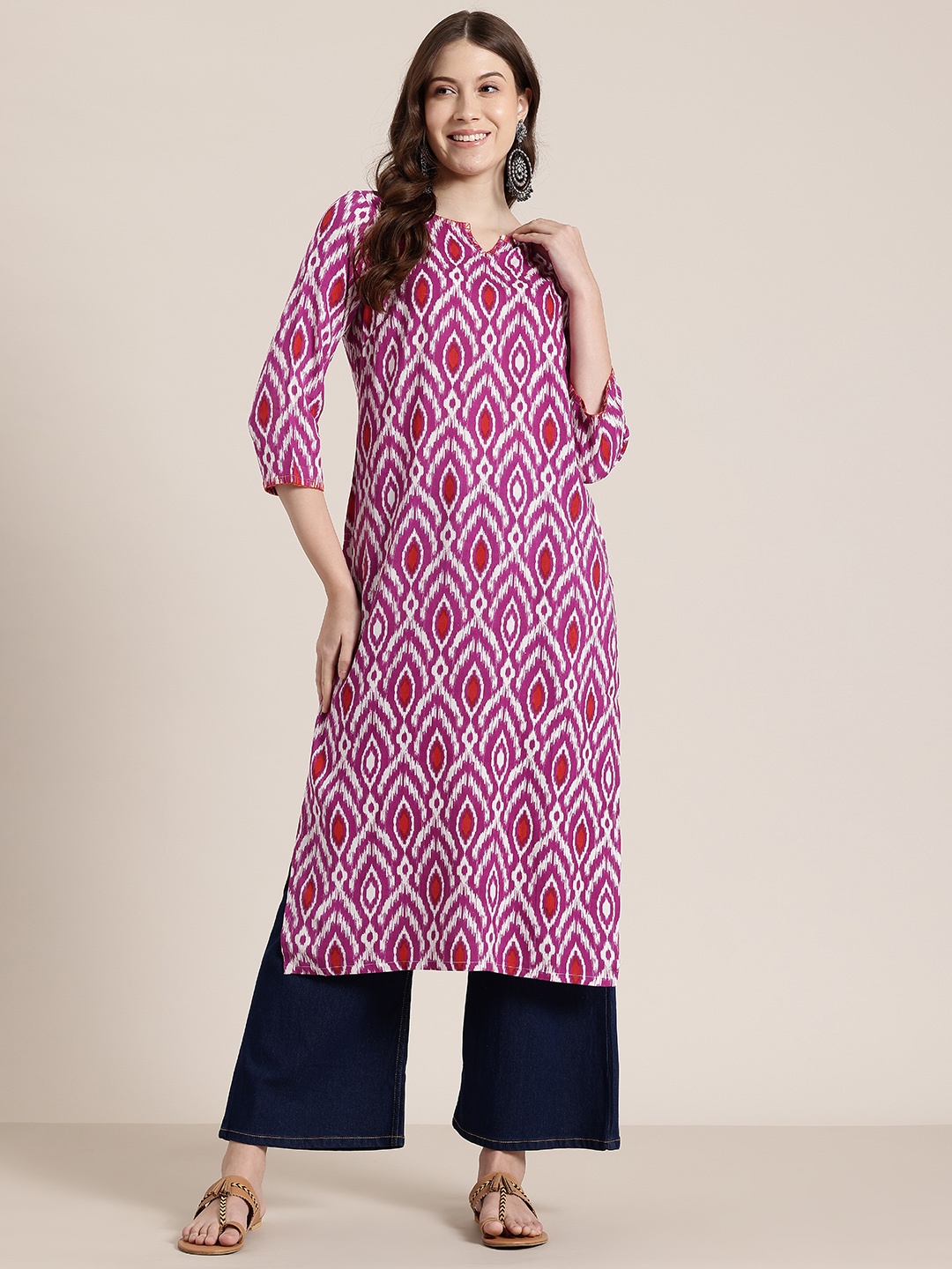 

HERE&NOW Geometric Print Straight Kurta, Magenta