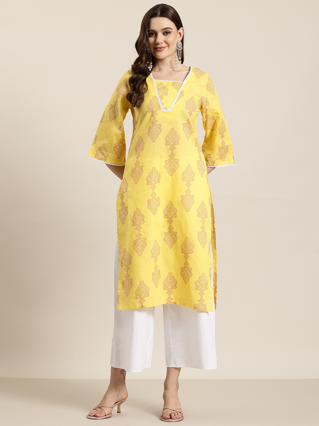 

HERE&NOW Ethnic Motifs Printed Cotton Straight Kurta, Yellow
