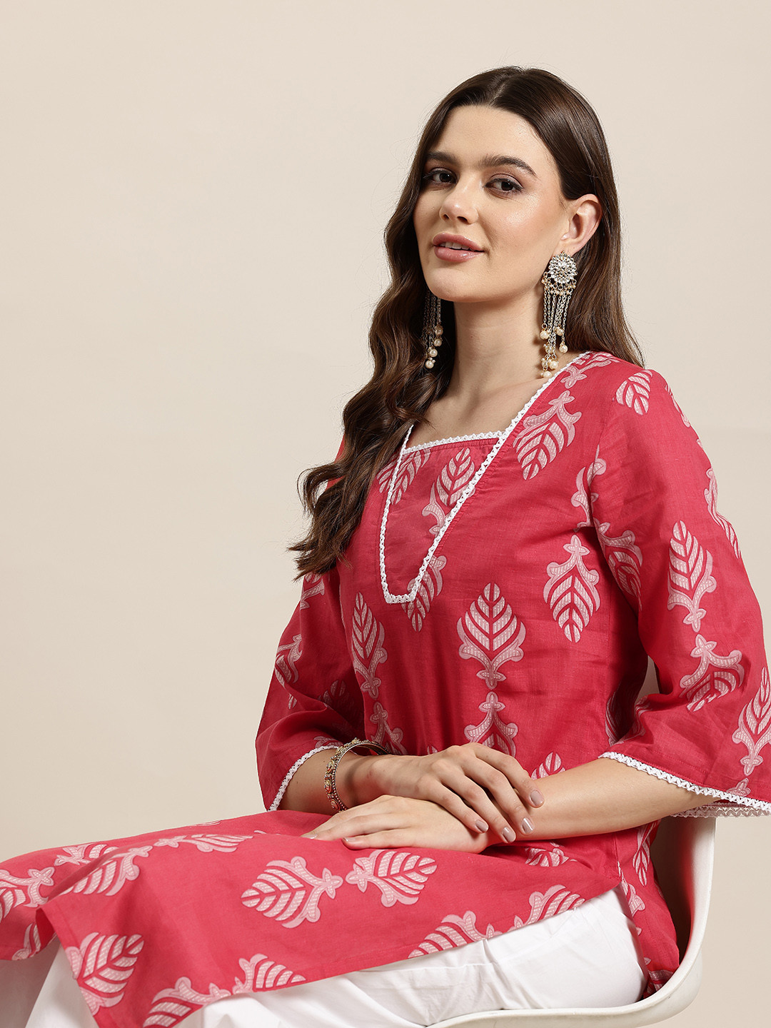 

HERE&NOW Ethnic Motifs Printed Straight Cotton Kurta, Red