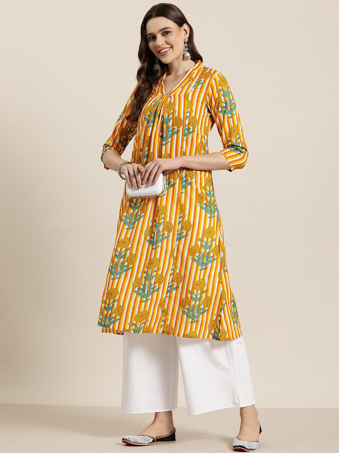 

HERE&NOW Ethnic Motifs Printed Straight Cotton Kurta, Yellow