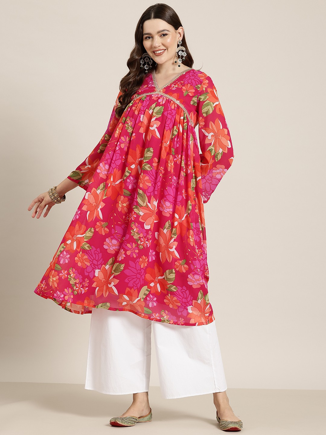 

HERE&NOW Floral Printed Gotta Patti Detail Empire Kurta, Pink