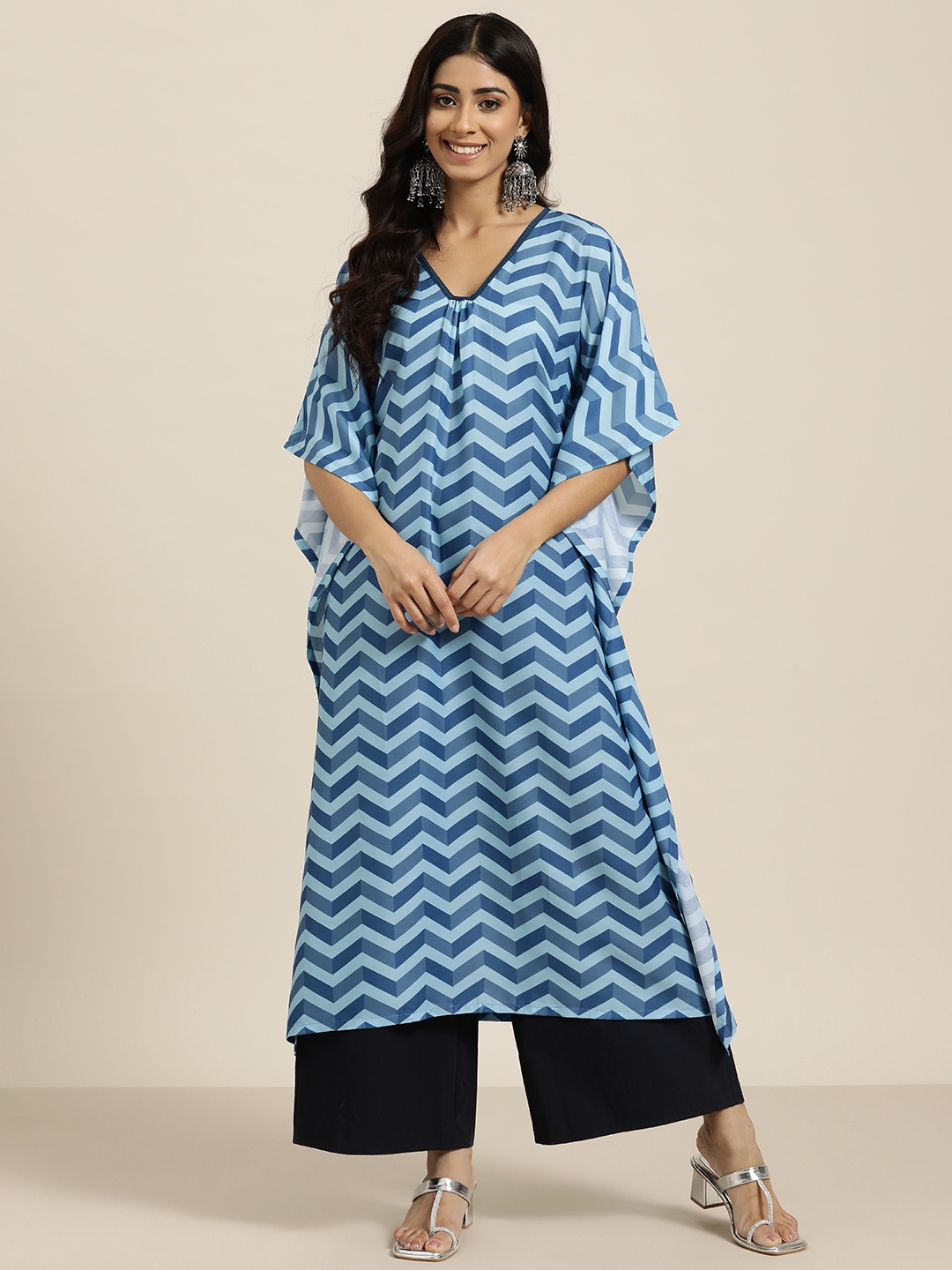 

HERE&NOW Chevron Print Extended Sleeves Kaftan Kurta, Blue
