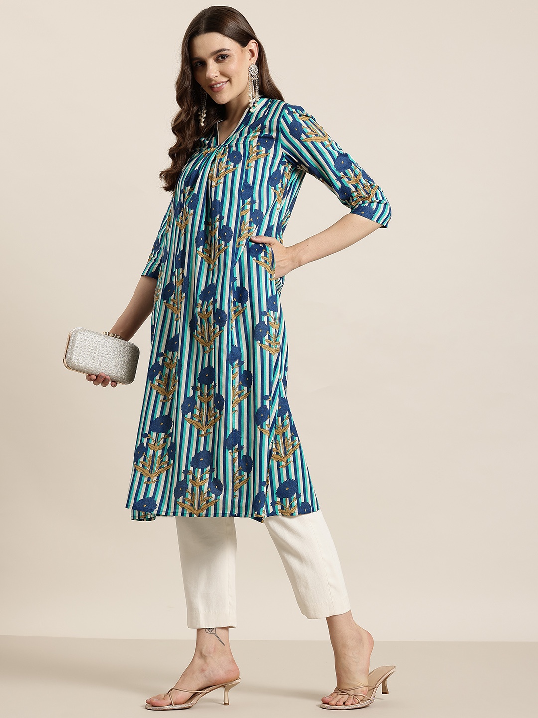 

HERE&NOW Floral Printed Striped Cotton Kurta, Blue