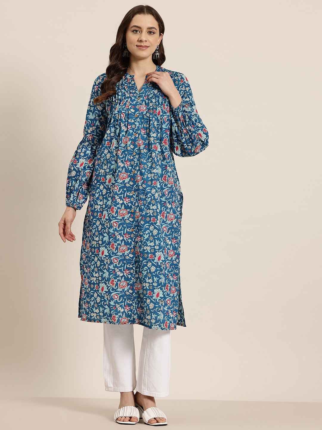 

HERE&NOW Floral Print Pure Cotton Straight Kurta, Blue
