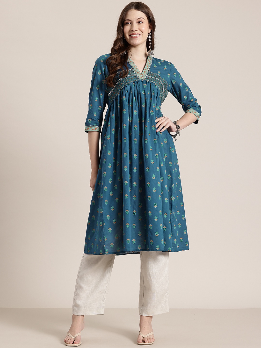 

HERE&NOW Printed Gotta Patti Detailed Pure Cotton Kurta, Teal