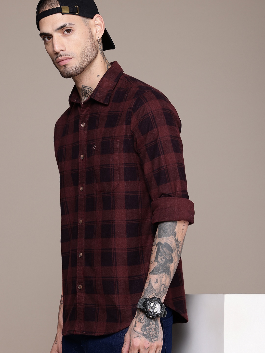 

WROGN Pure Cotton Slim Fit Checked Casual Shirt, Maroon