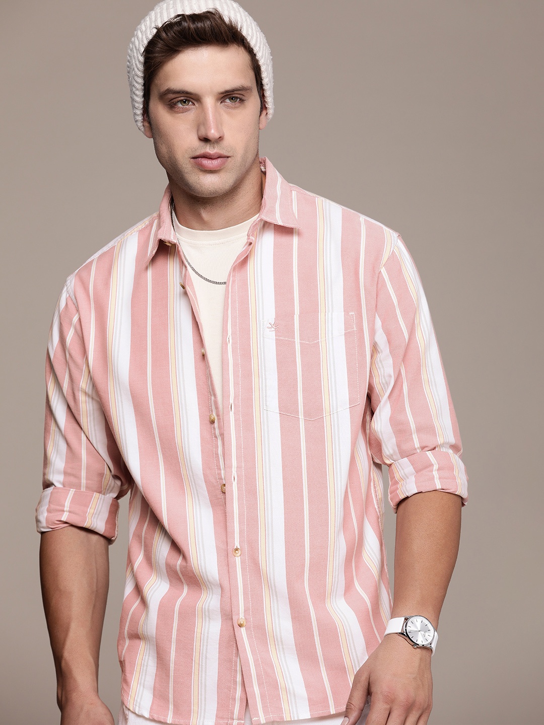 

WROGN Striped Casual Shirt, Pink