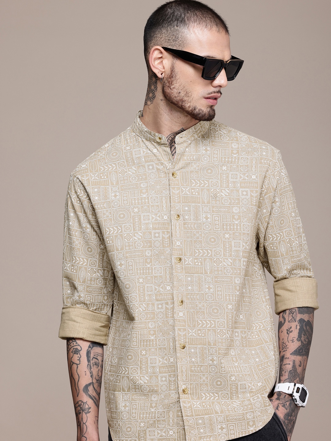 

WROGN Pure Cotton Printed Casual Shirt, Olive