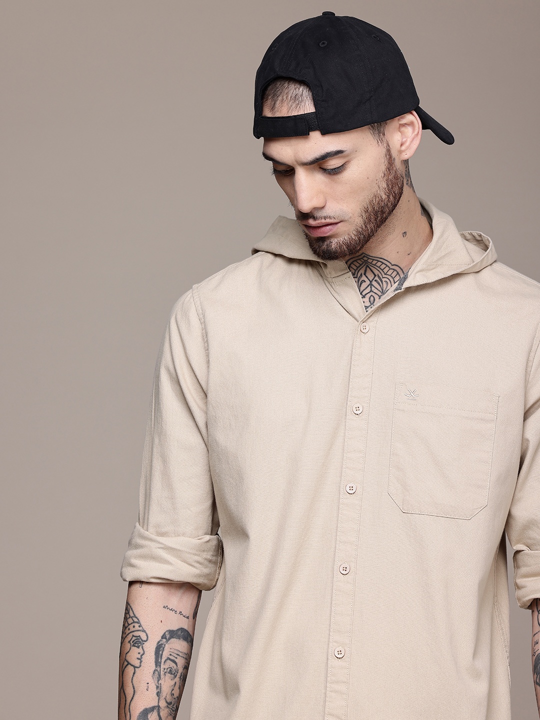 

WROGN Pure Cotton Fit Opaque Hooded Casual Shirt, Beige