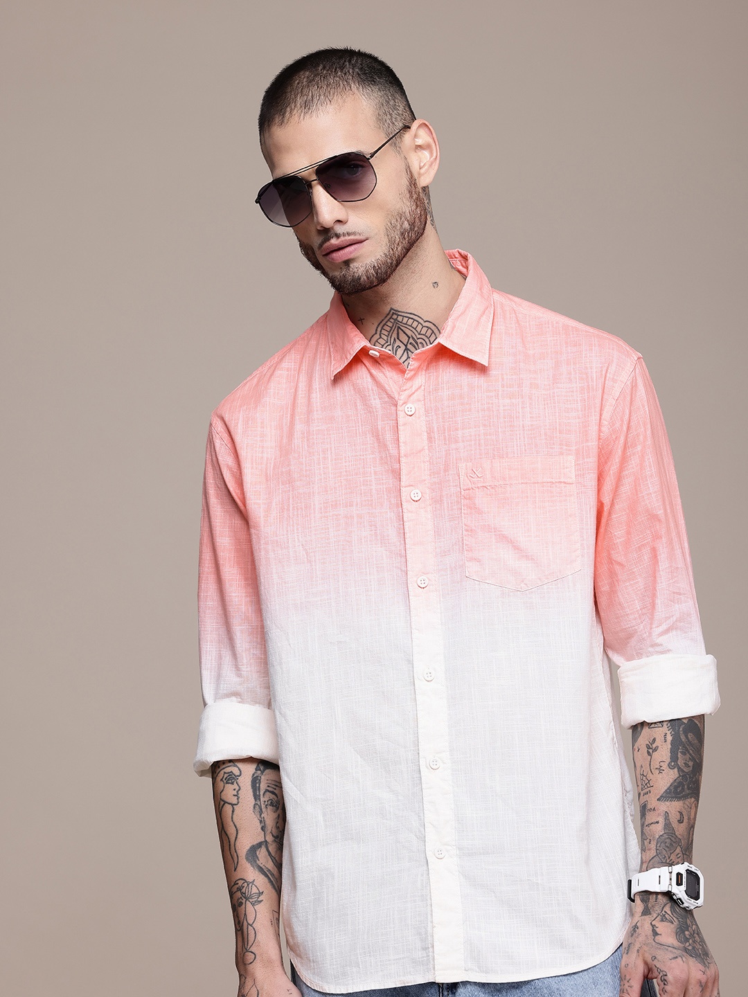 

WROGN Pure Cotton Tie And Dye Casual Shirt, Pink