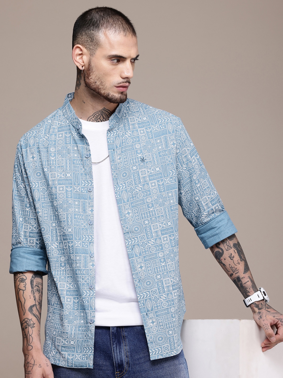 

WROGN Pure Cotton Printed Casual Shirt, Blue