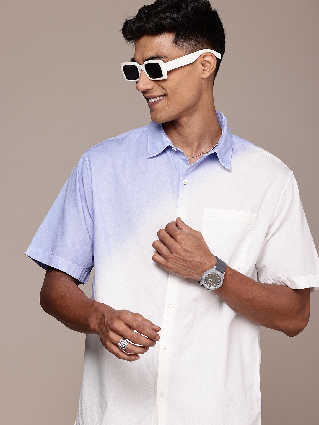 

WROGN Men Tie & Dye Pure Cotton Casual Shirt, White