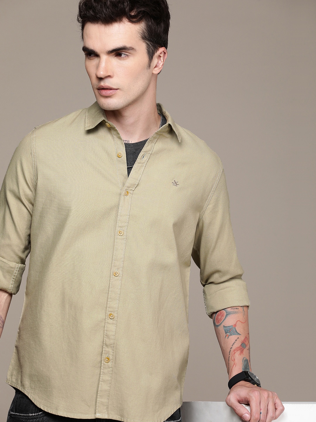 

WROGN Pure Cotton Slim Fit Casual Shirt, Olive