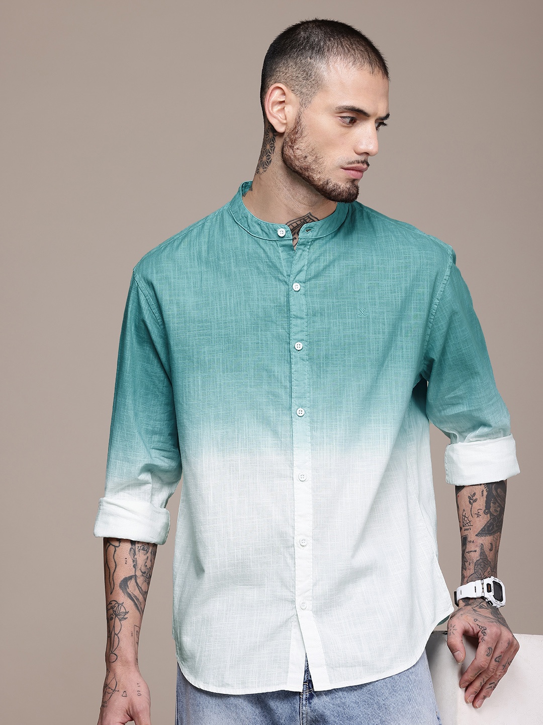 

WROGN Pure Cotton Tie And Dye Casual Shirt, Green