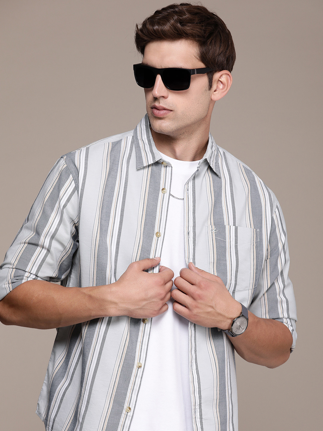 

WROGN Striped Casual Shirt, Grey
