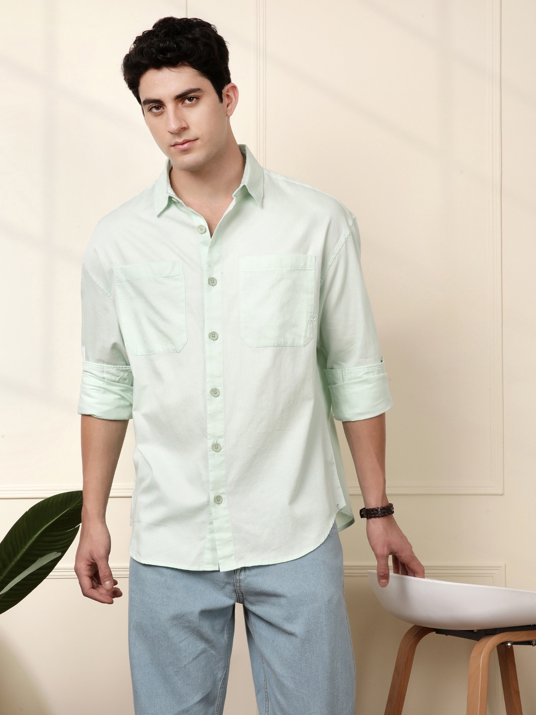 

WROGN Pure Cotton Drop-Shoulder Sleeves Oversized Casual Shirt, Sea green