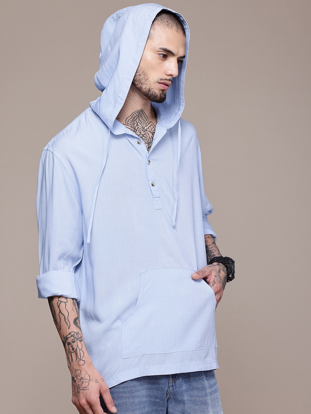 

WROGN Hooded Kangaroo Pocket Casual Shirt, Blue