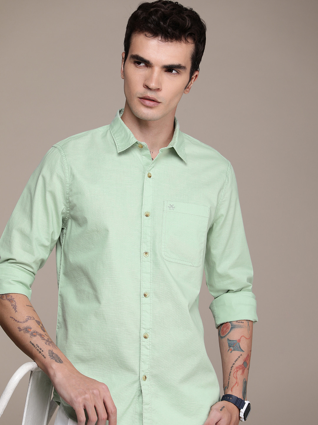 

WROGN Pure Cotton Slim Fit Opaque Casual Shirt, Green