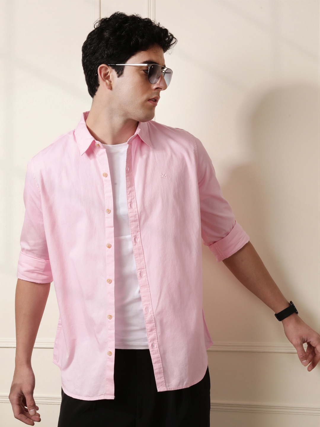 

WROGN Pure Cotton Slim Fit Opaque Casual Shirt, Pink