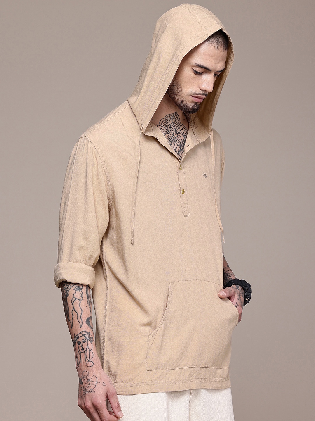 

WROGN Hooded Kangaroo Pocket Casual Shirt, Beige