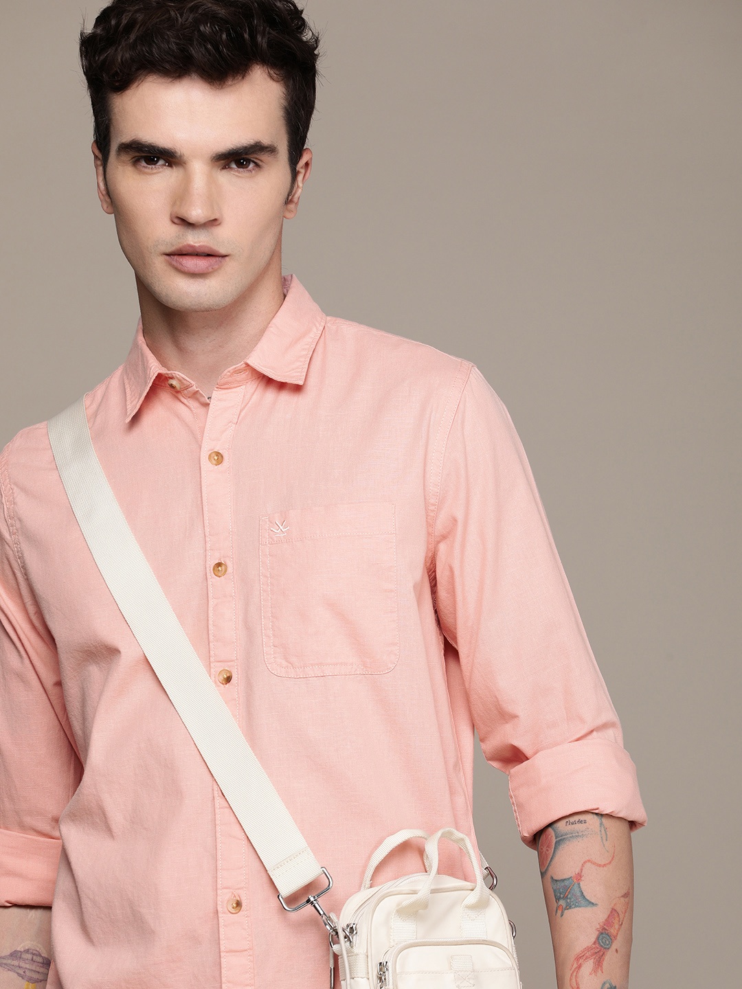 

WROGN Pure Cotton Slim Fit Casual Shirt, Peach