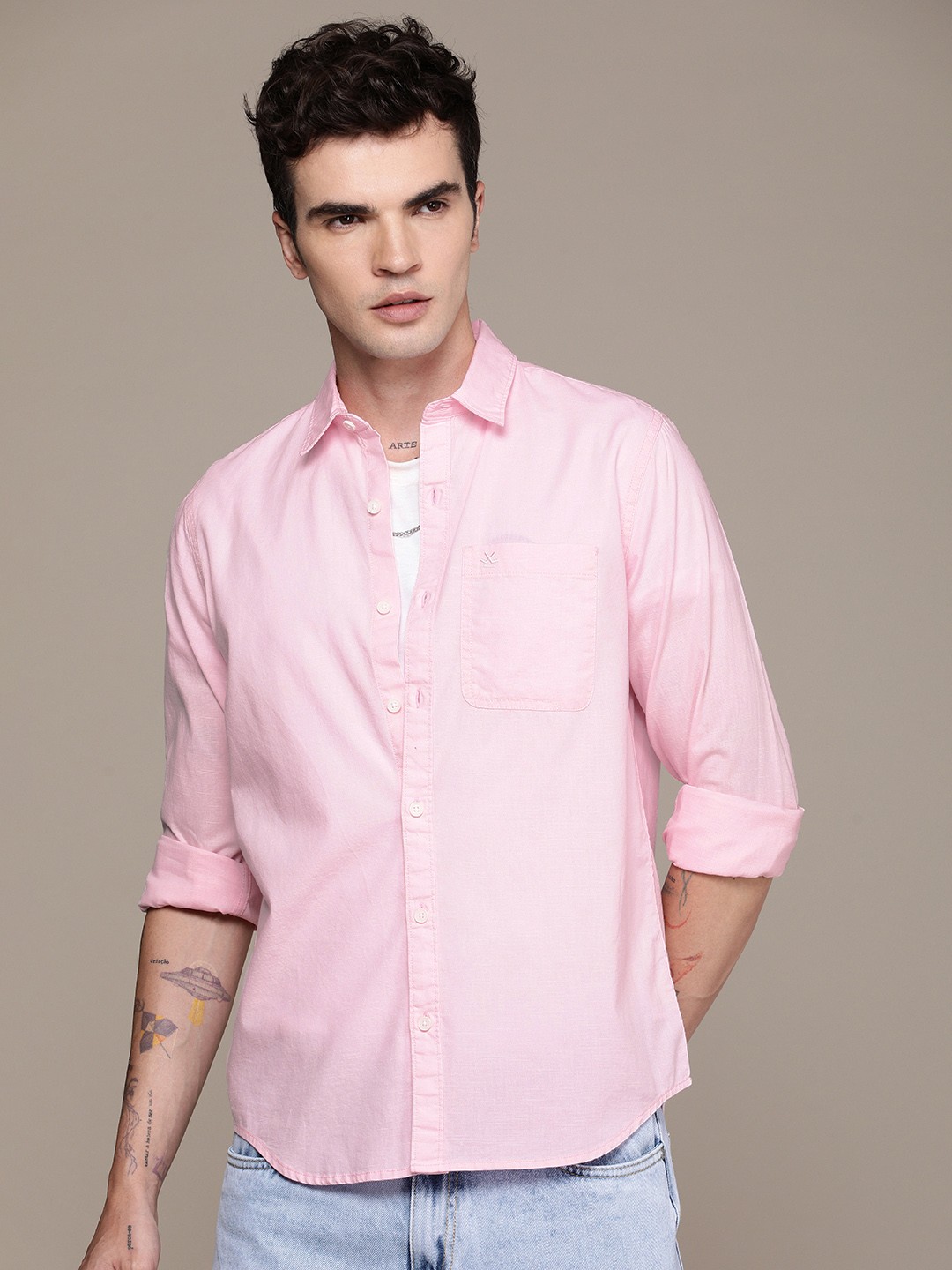 

WROGN Pure Cotton Slim Fit Casual Shirt, Pink