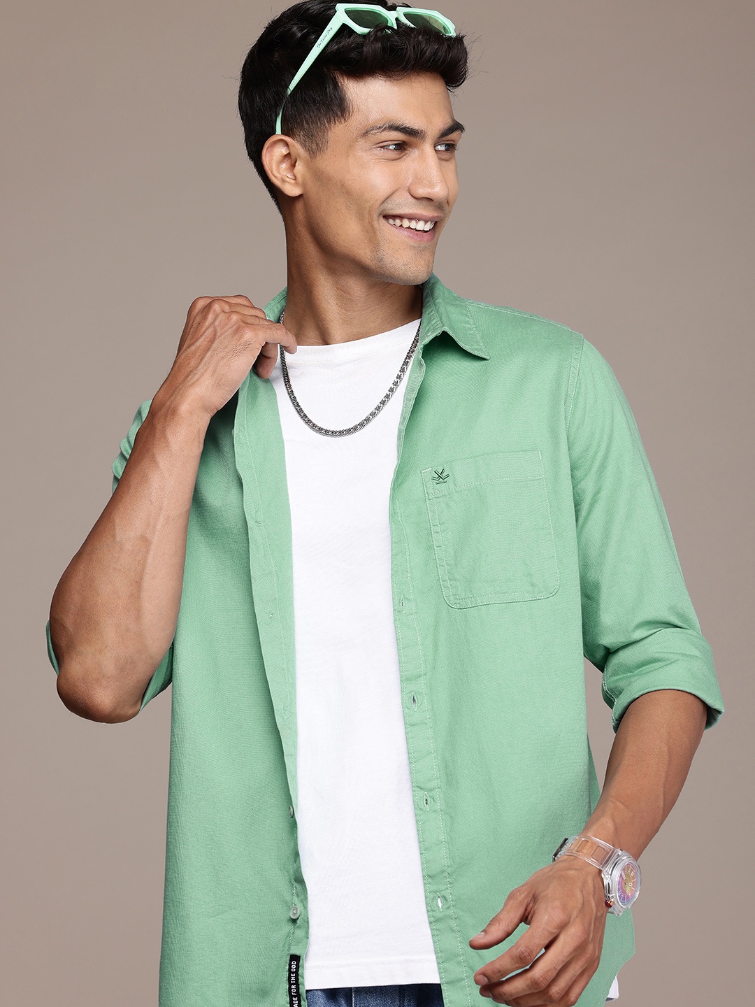 

WROGN Men Pure Cotton Casual Shirt, Green