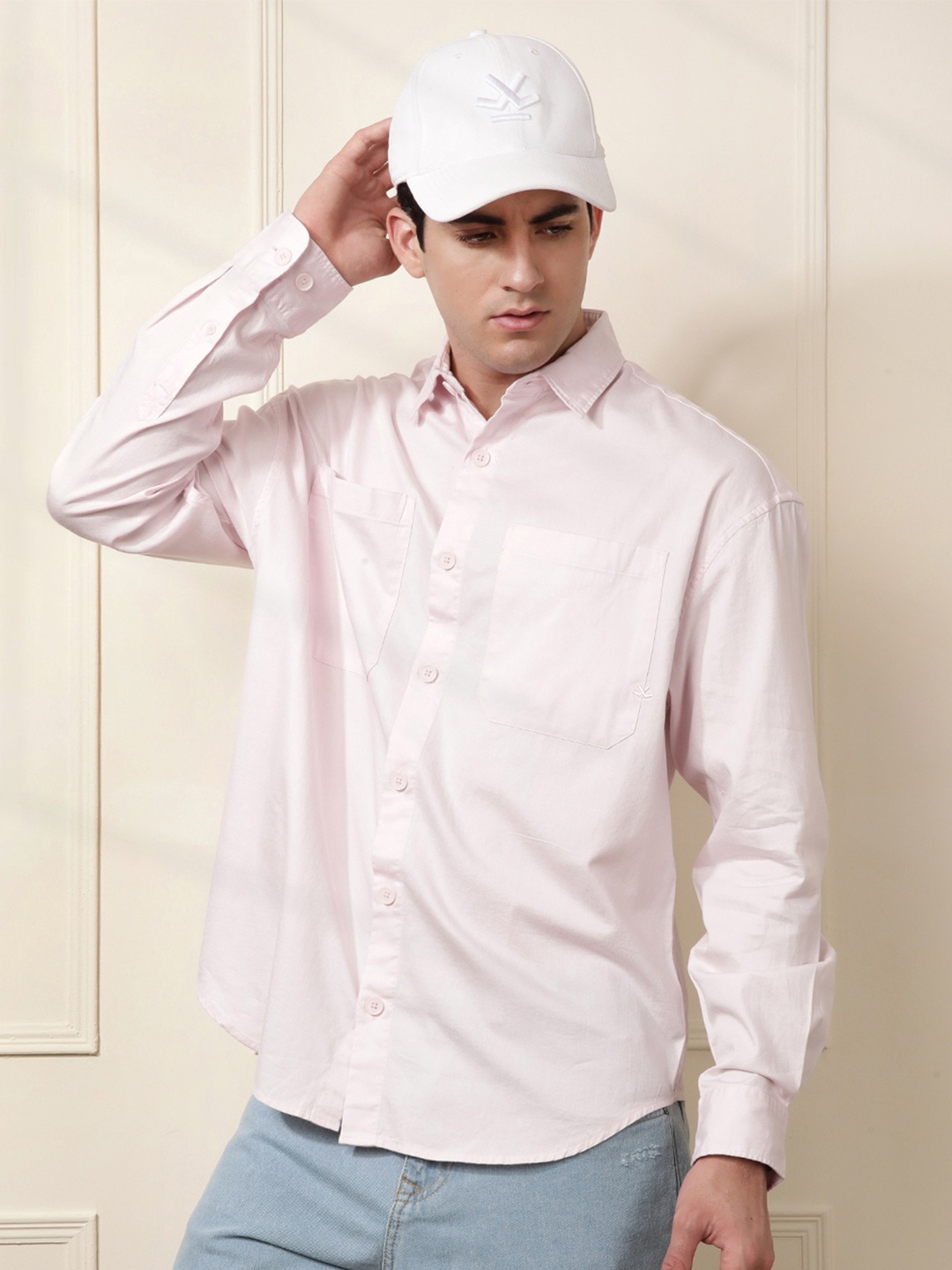 WROGN Pure Cotton Drop-Shoulder Sleeves Oversized Casual Shirt, Pink