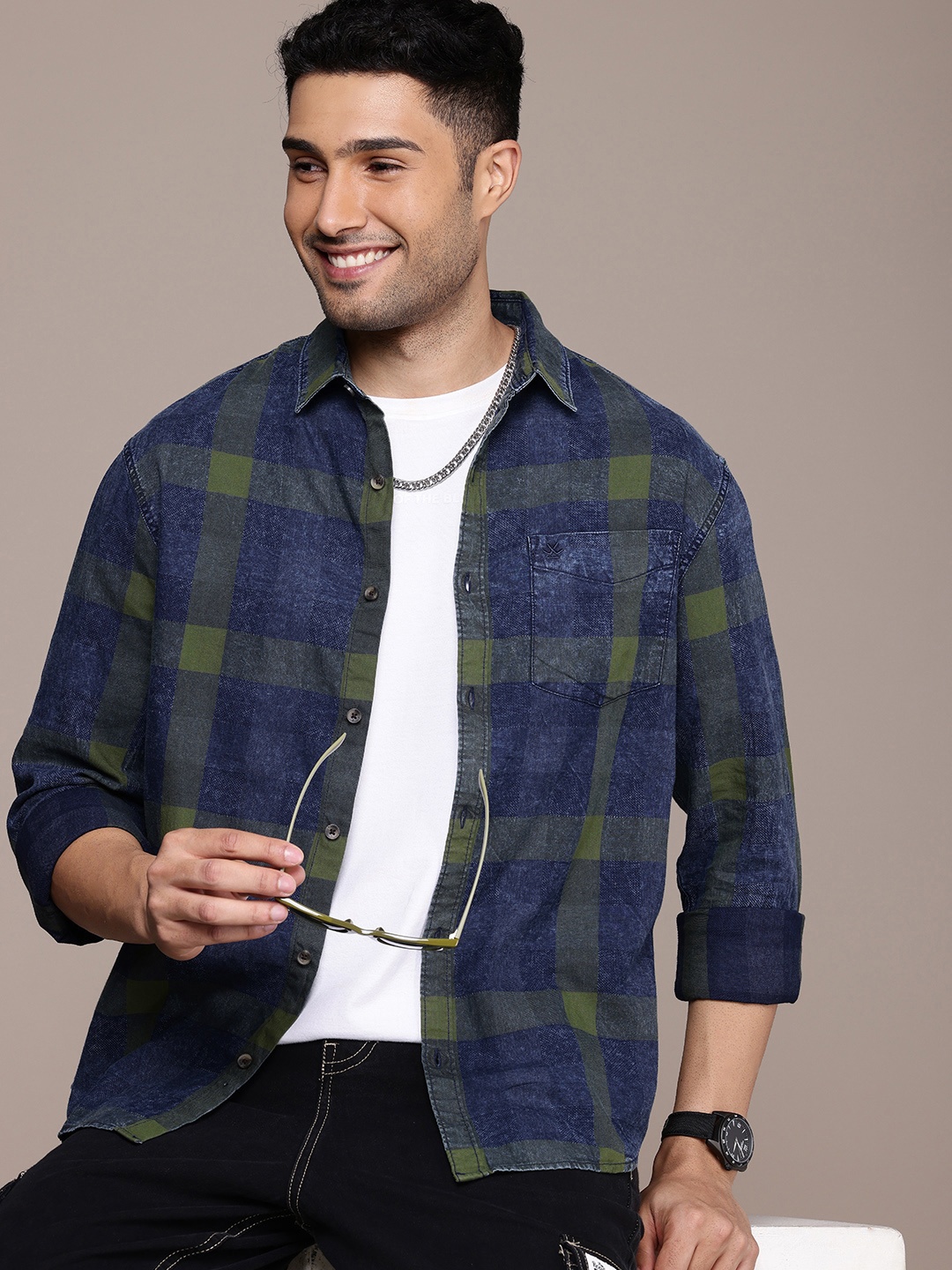 

WROGN Checked Faded Opaque Casual Shirt, Blue
