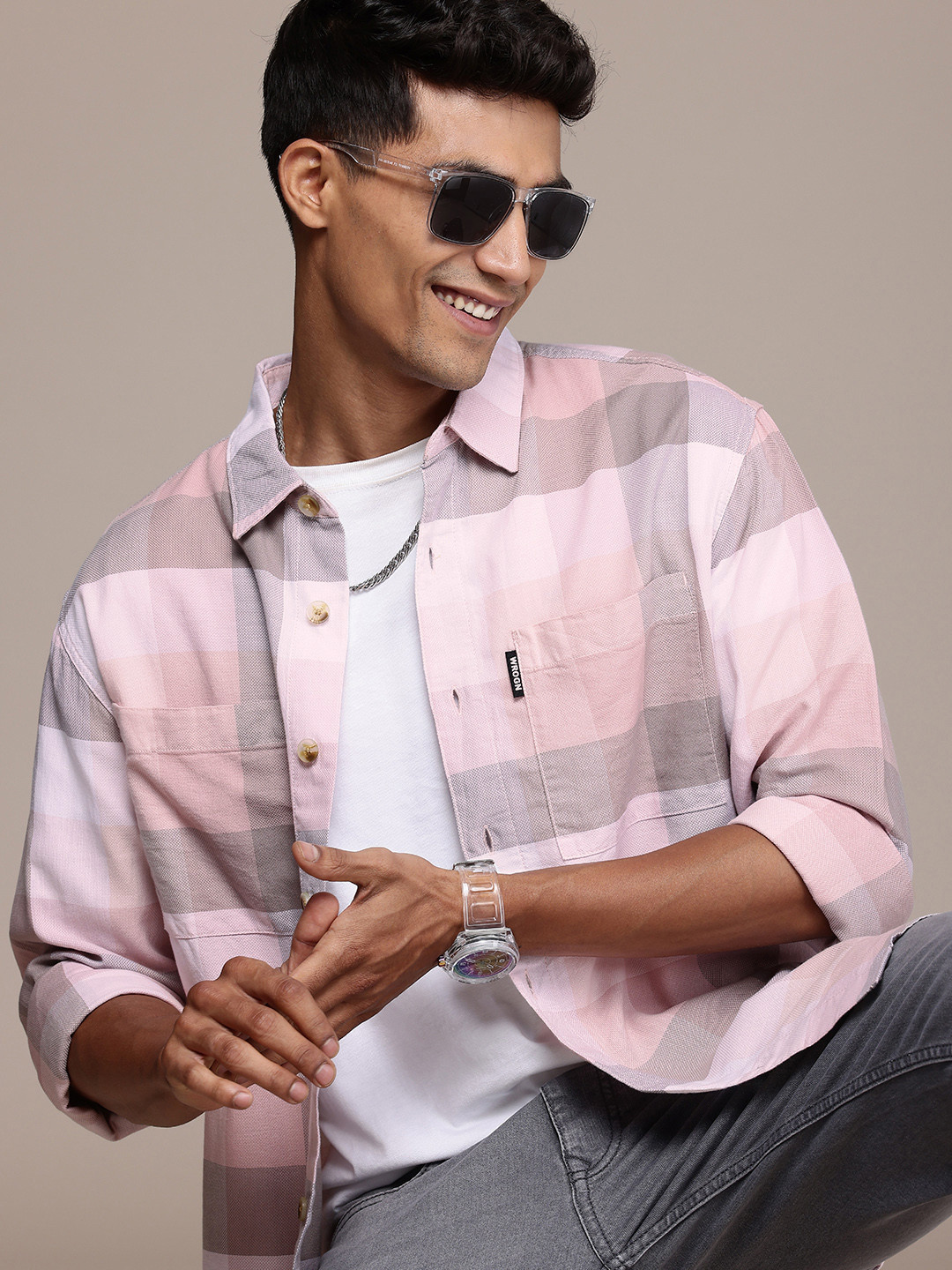 

WROGN Pure Cotton Checked Casual Shirt, Pink