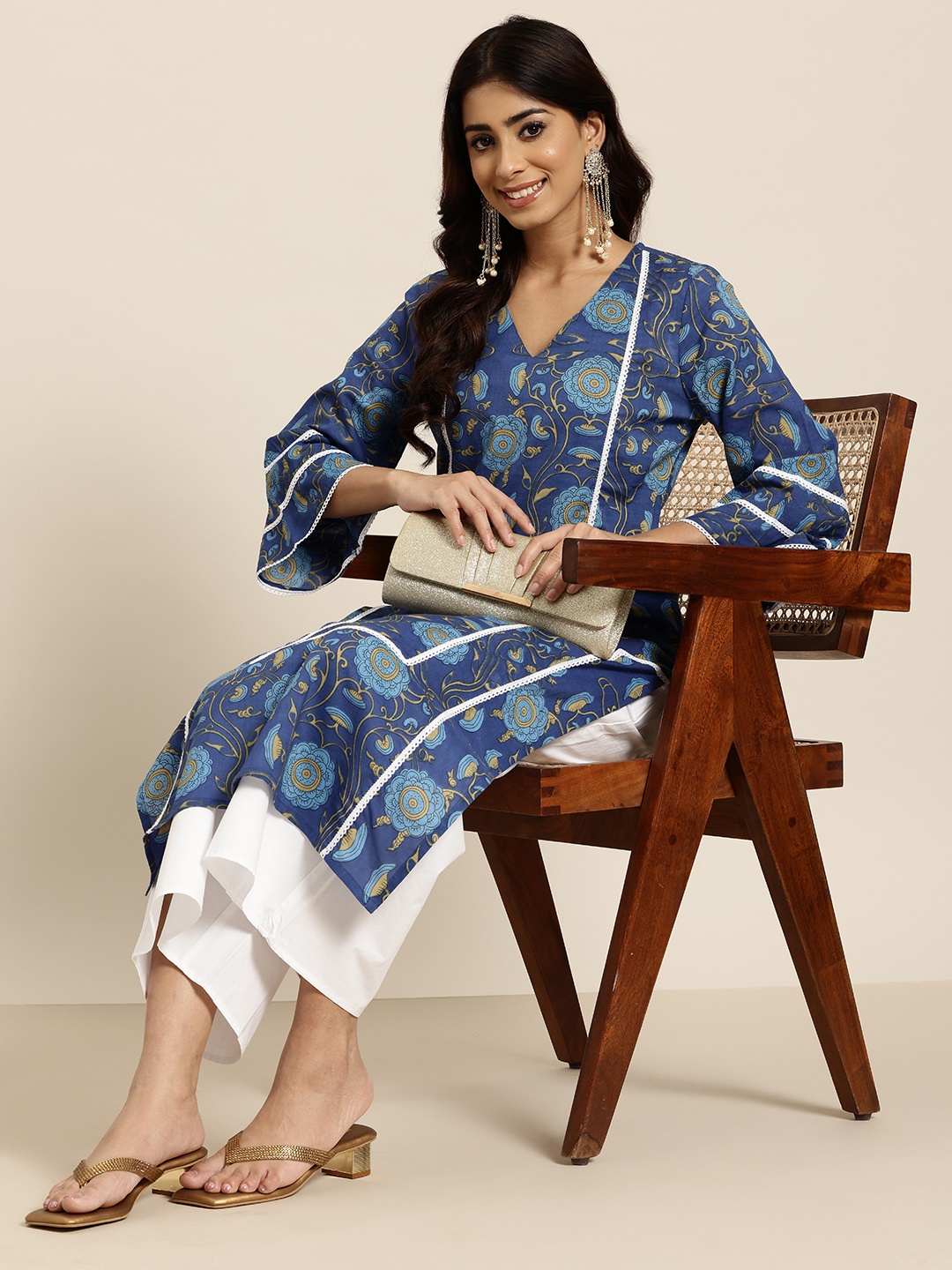 

HERE&NOW Women Pure Cotton Indie Florals Kurta, Blue