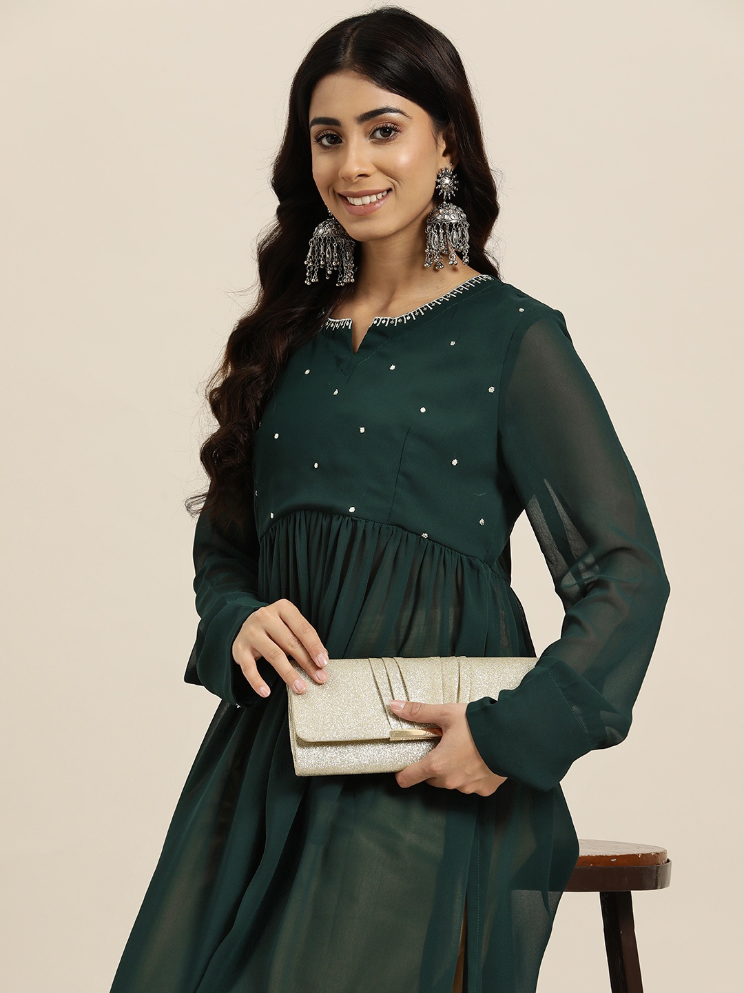 

HERE&NOW Sequin Detail Pleated Straight Kurta, Green