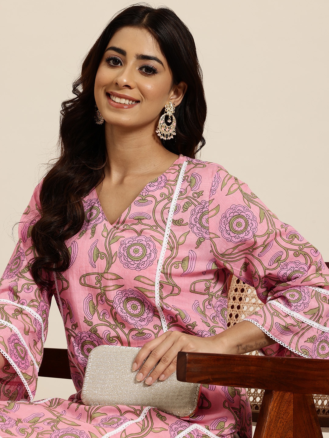 

HERE&NOW Women Pure Cotton Indie Florals Kurta, Pink