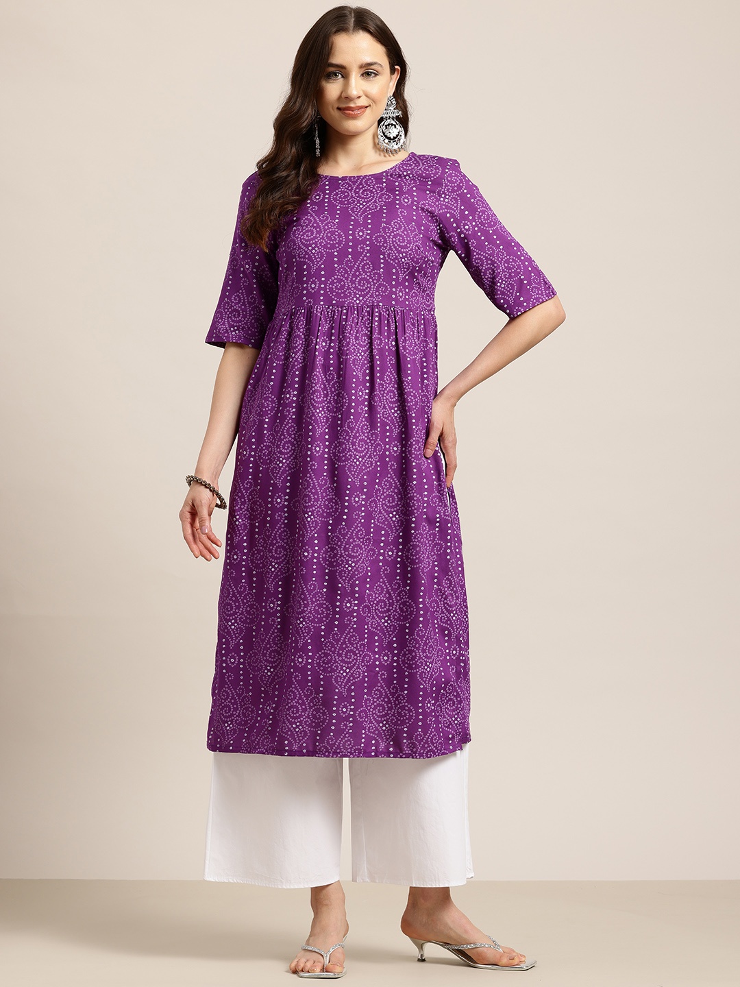 

HERE&NOW Women Bandhani Printed Kurta, Purple