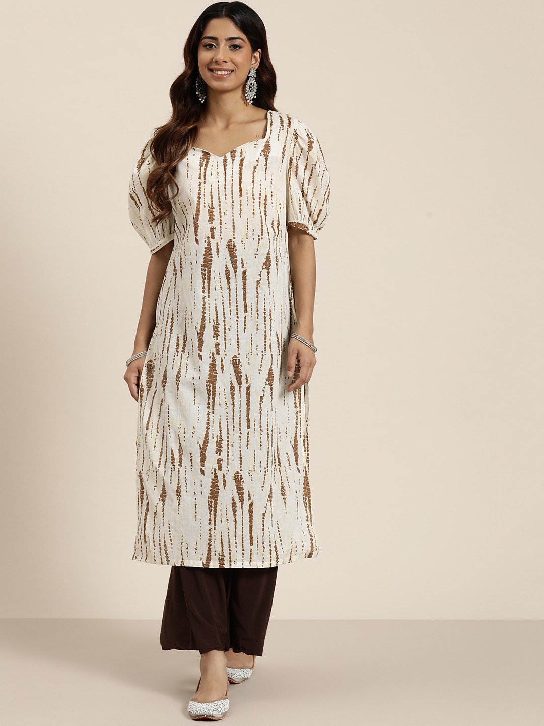 

HERE&NOW Pure Cotton Printed Kurta, Beige
