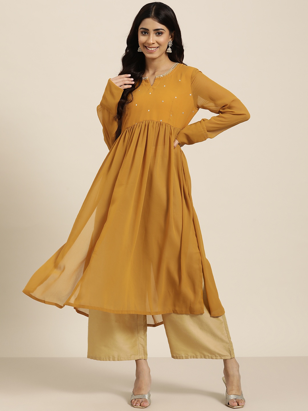 

HERE&NOW Sequin Detail Pleated Straight Kurta, Mustard