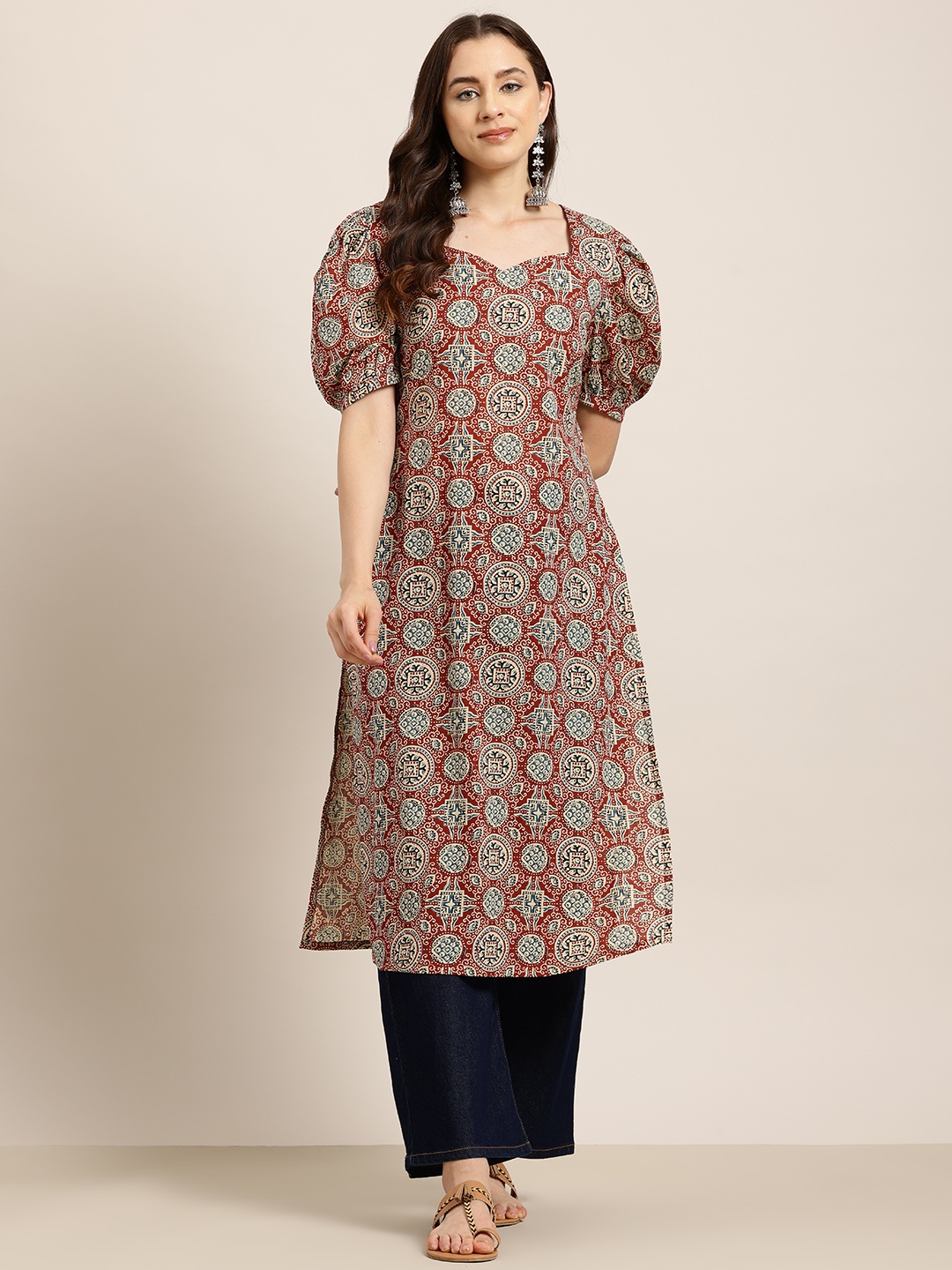 

HERE&NOW Women Ethnic Motifs Printed Pure Cotton Kurta, Rust