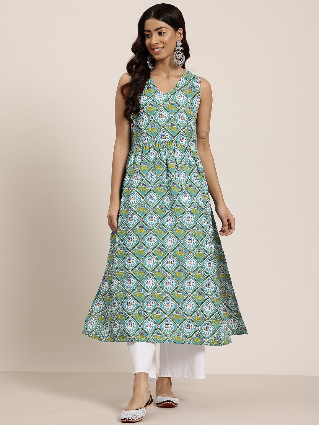 

HERE&NOW Women Ethnic Motifs Printed A-line Kurta, Teal