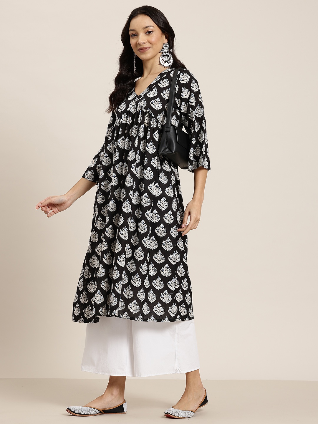 

HERE&NOW Pure Cotton Printed Empire A-Line Kurta, Black